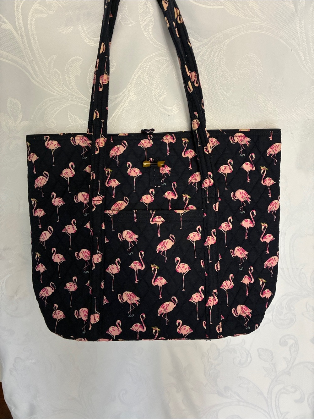 Vera Bradley Black Quilted Tote with Pink Flamingo Print